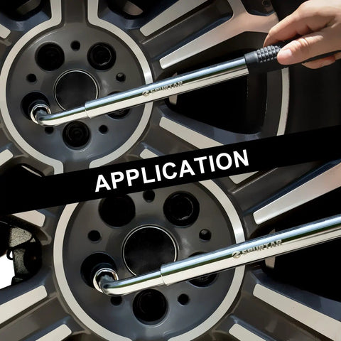 Telescoping 4 Way Lug Wrench Extendable Half Inch Drive With 17 19mm And 21 23mm Sockets in use on car wheel