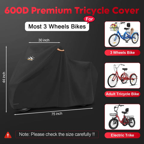 Heavy Duty 600D Tricycle Cover For Adult Trikes And 3 Wheel Bicycles, All Weather Waterproof, Dustproof And UV Resistant With Lock Hole, Universal Fit 75L x 30W x 44H For Indoor Outdoor Use, black cover shown with 75 x 30 x 44 inch size