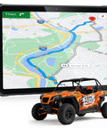 Badass Rugged Android 14 Tablet Built Different For UTV Adrenaline Rides And Gritty Job Sites Featuring Unmatched Screen Clarity And Bulletproof Drop Resistant Armor displaying GPS map beside an orange UTV model.