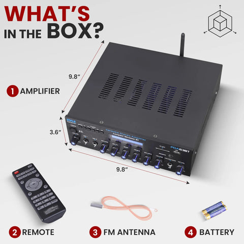 Wireless Bluetooth Stereo Amplifier Multi Channel 200 Watt Power Home Audio Receiver with remote, FM antenna, batteries