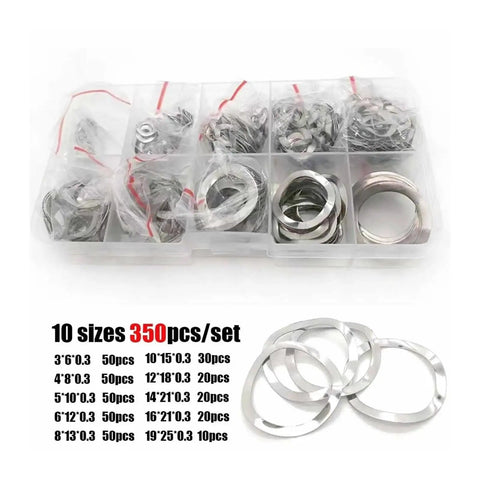Three Wave Type Stainless Steel Washer Set 350 Pieces In One Box M3 M4 M5 M6 To M19 304 Grade Spring Washers Gasket Assortment Kit For Auto DIY Machinery Anti Loosening, 10-size organizer