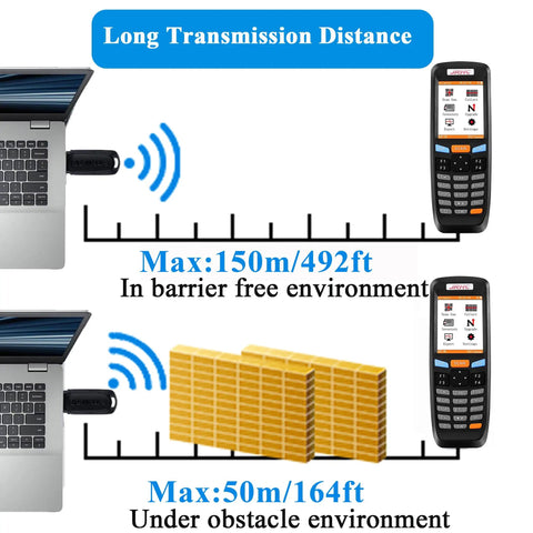 Image illustrating 2D Wireless Barcode Scanner Portable Inventory Scanner And Data Collector 2.4G Barcode Reader range with obstacles.