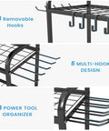 Heavy Duty Garden Tool Organizer With Lockable Wheels Workhorse Metal Garage Storage Rack 35 Tool Slots And Side Hooks close-up hooks