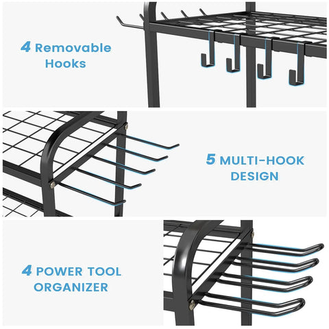 Heavy Duty Garden Tool Organizer With Lockable Wheels Workhorse Metal Garage Storage Rack 35 Tool Slots And Side Hooks close-up hooks