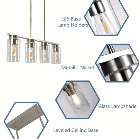 Modern Farmhouse Dining Room Chandelier With 4 Lights For Kitchen Island, Nickel Finish, E26 Base, glass lampshades, details