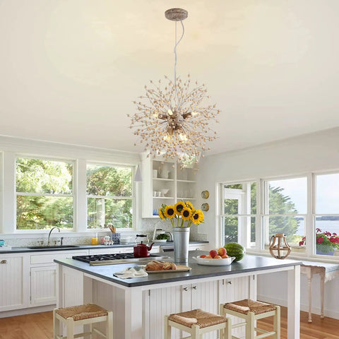 Boho Dandelion Wooden Beads Chandelier With Eight Lights Dope Modern Firework Pendant Ceiling Light Adjustable Height in kitchen