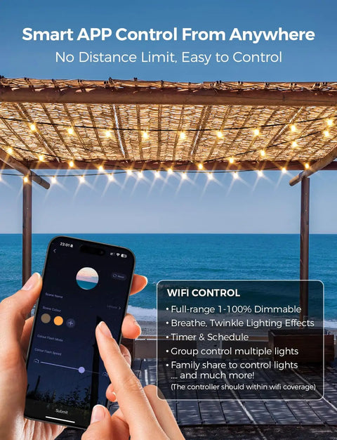 Hands controlling Smart Outdoor Patio Lights 50 Foot String Lights With 25 Dimmable G40 Globe Bulbs via app by seaside pergola.