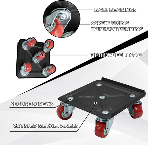 Super Awesome Heavy Duty Furniture Movers With Wheels, 5 Wheel Dolly Kit For Sliding Sofa Fridge Washer Lifter Tool Set Black with labeled parts.