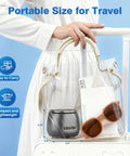 Rechargeable 45kHz Ultrasonic Retainer Cleaner in bag with travel items, showcasing portability and compact design.