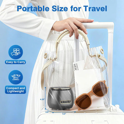 Rechargeable 45kHz Ultrasonic Retainer Cleaner in bag with travel items, showcasing portability and compact design.
