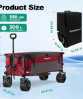 Beefy 550 Lb Heavy Duty 49 Inch Foldable Wagon Cart With Big Wheels The Go To Utility Grocery Wagon For Garden Camping Sports And Outdoor Activities Collapsible Shopping Cart in red, side view with dimensions.