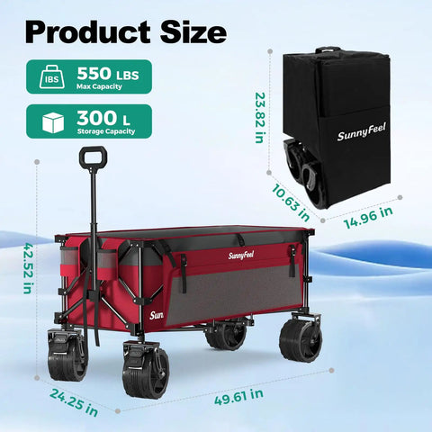 Beefy 550 Lb Heavy Duty 49 Inch Foldable Wagon Cart With Big Wheels The Go To Utility Grocery Wagon For Garden Camping Sports And Outdoor Activities Collapsible Shopping Cart in red, side view with dimensions.