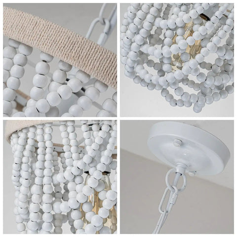 Wood Beaded Farmhouse Chandelier With White Finish And Adjustable Cord Natural Wood Beads Boho Pendant Lighting details