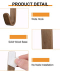 No Sweat Self Adhesive Wood Hooks, 6 Piece Set With Real Beech And Walnut Grain, wide hook detail with solid wood base and adhesive.