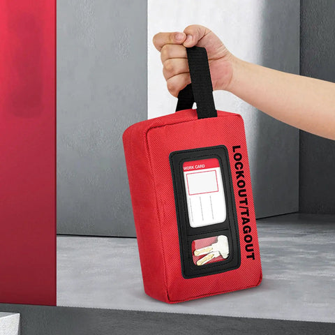 Lockout Tagout Kit Bag For Loto Devices, Heavy Duty Polyester Organizer held by a hand, showing visible display and durable material