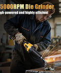 Heavy Duty Die Grinder Cranking 25000 Rpm With Quarter Inch Collet Plus Carbide Bit cutting steel, sparks flying, operator in work gloves.