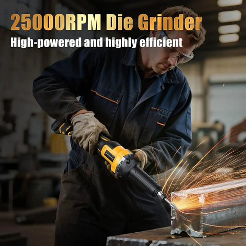 Heavy Duty Die Grinder Cranking 25000 Rpm With Quarter Inch Collet Plus Carbide Bit cutting steel, sparks flying, operator in work gloves.