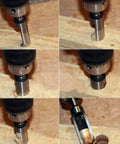 Legit Top Tier Wood Plug Cutter Drill Bit Set Eight Piece Collection in use, showing operation on wood for furniture fixes.