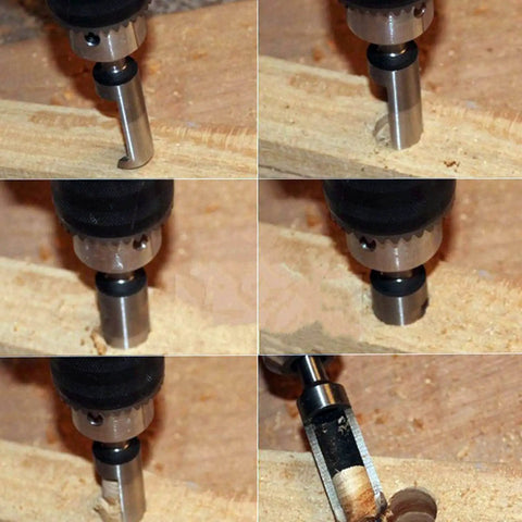 Legit Top Tier Wood Plug Cutter Drill Bit Set Eight Piece Collection in use, showing operation on wood for furniture fixes.