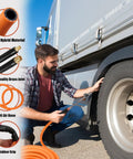 Man using 50 Ft Truck Air Hose Kit With Universal Glad Hand And 30 Degree Dual Chuck, 3/8 Inch Hybrid Tire Inflator Hose For Heavy Duty Onboard Air Systems, 300 PSI Lightweight Tire Inflator on truck tire