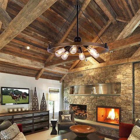 Farmhouse Wagon Wheel Chandelier 25 Inch Diameter Rustic Metal Finish With Six Lights Industrial Sputnik Style in rustic living room