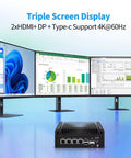 Triple screen setup showing a Quiet Fanless Mini PC With Intel N100 Quad Core Chip for Home Network Firewalls and Routers.