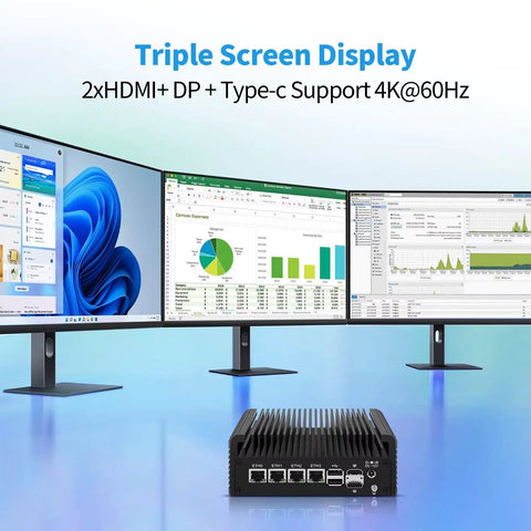 Triple screen setup showing a Quiet Fanless Mini PC With Intel N100 Quad Core Chip for Home Network Firewalls and Routers.