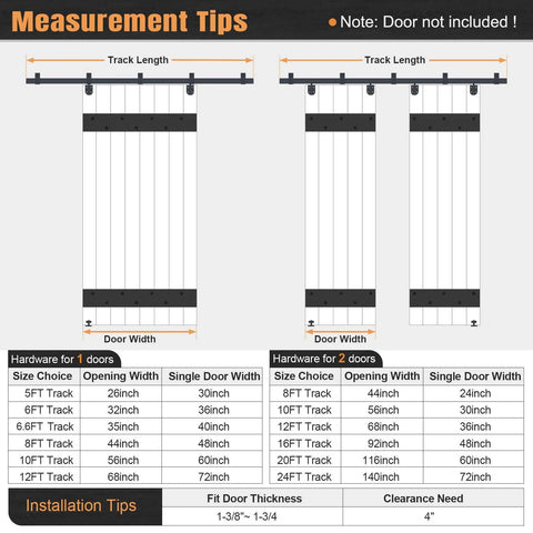 Measurement guide for Exterior Sliding Barn Door Hardware Kit With Box Rail Track 8 Foot Length 450 Pound Capacity Black Weather Resistant Steel Wall Mount System For Outdoor Use Fits Single 48 Inch Door Heavy Duty Rail.