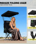 Woman sitting on portable camping chair with adjustable shade canopy outdoors.