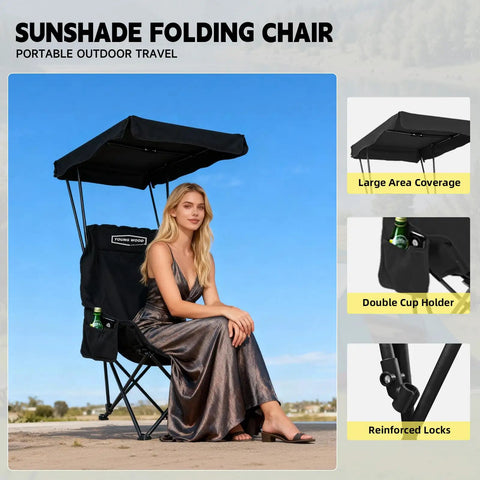 Woman sitting on portable camping chair with adjustable shade canopy outdoors.