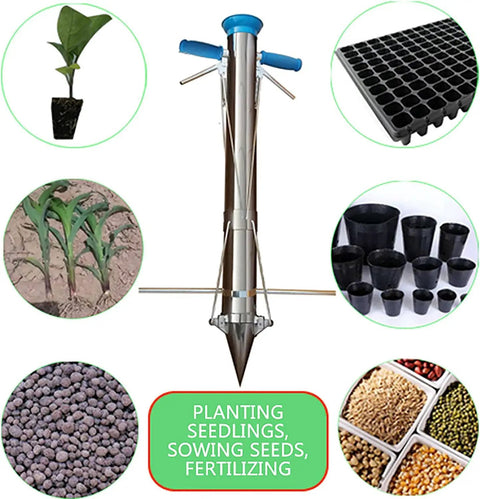 Semi Automatic Garden Seeder And Transplanter One Hand Seed Spreader with seedlings, seed trays, and pot images for transplanting