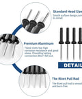 Close-up of Three Sixteenths Inch Tri Grip Rivets Set 50 Pieces Marine Aluminum With Waterproof O Rings showing head design and pull rod details