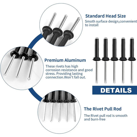 Close-up of Three Sixteenths Inch Tri Grip Rivets Set 50 Pieces Marine Aluminum With Waterproof O Rings showing head design and pull rod details