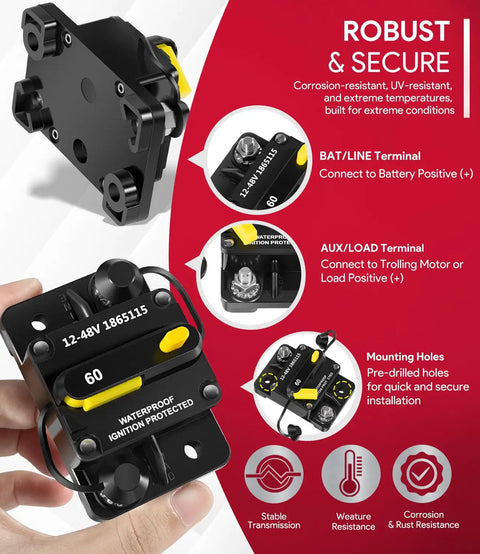 60 Amp Waterproof Circuit Breaker For All 12V To 48V Electric Trolling Motors MKR-27 Replacement Part, marine-grade protection shown.