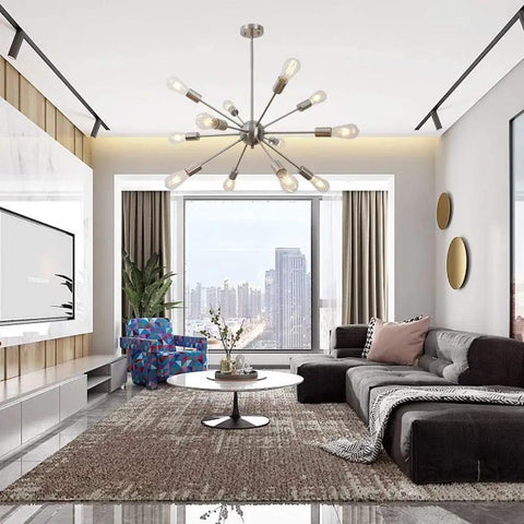 Sputnik Chandelier Light Fixture Chrome Finish With Eight To Twelve Lights Modern Industrial Ceiling Pendant in living room