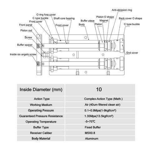 Double Rod Air Cylinder For Industrial Automation, TN10x25, 10mm bore aluminum body diagram
