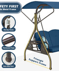 800LBS Capacity Patio Swing With Canopy, 3 Seat Outdoor Porch Swing On Stand, heavy-duty metal frame, blue, safety features, stable base