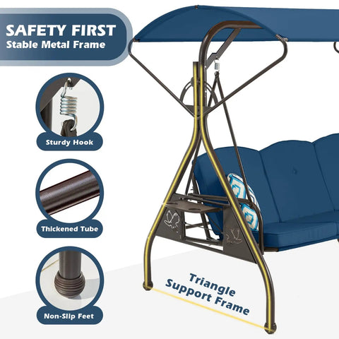 800LBS Capacity Patio Swing With Canopy, 3 Seat Outdoor Porch Swing On Stand, heavy-duty metal frame, blue, safety features, stable base