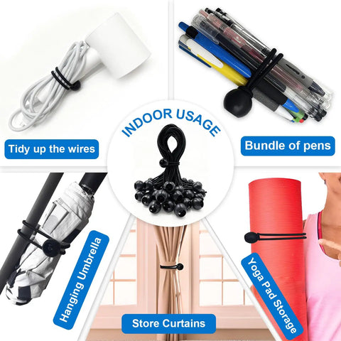 9 Inch Ball Bungee Cords Heavy Duty Tie Down Kit for indoor use with wires, pens, umbrellas, curtains, and yoga mats.