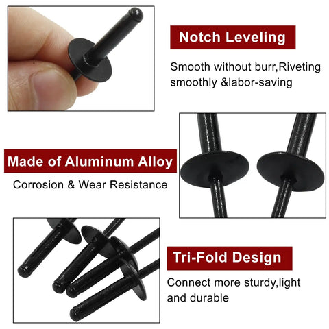 50 Pack Black Aluminum Tri Fold Exploding Pop Rivets Three Sixteenths Inch Grip One Inch Length Five Eighths Inch Flange Blind Rivets