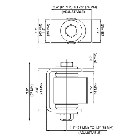 Hella Slick Opening Heavy Weld On Gate Hinge With Aluminum Body For Commercial Fences dimensions 2.4 to 2.9 inch adjustable, 3.8 inch height.