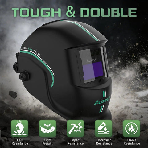 Side view of Auto Darkening Welding Helmet With Pro Grade True Color View Solar Powered Large Viewing Screen Shade Four To Thirteen For TIG MIG Arc Welding High Clarity Weld Hood For Pros And Weekend Warriors.