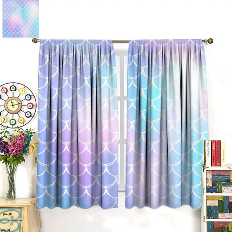 Mermaid Blackout Curtains For Girls Bedroom With Ocean Wave And Fish Scale Pattern, Blue And Pink, 2 Panels Each 21x63 Inches