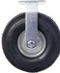Pair Of Heavy Duty 10 Inch Pneumatic Caster Wheels Featuring Smooth Rolling Ribbed Tires And Ball Bearing Steel Hubs built tough for every jobsite load, showing a close-up of the tire and mount.