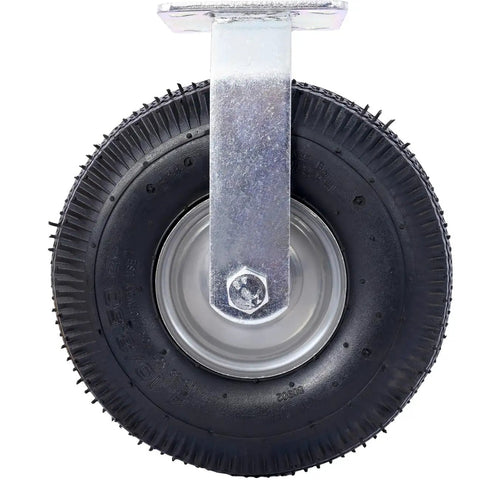 Pair Of Heavy Duty 10 Inch Pneumatic Caster Wheels Featuring Smooth Rolling Ribbed Tires And Ball Bearing Steel Hubs built tough for every jobsite load, showing a close-up of the tire and mount.