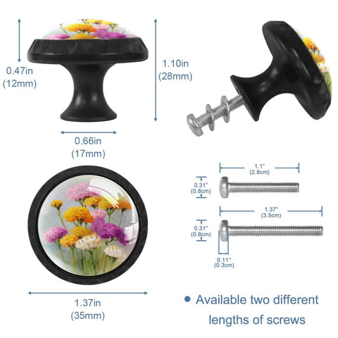 Four Pack Fresh Watercolor Retro Floral Cabinet Knobs with durable glass handles, 1.10in tall, includes screw sizes for installation.