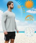 Two Pack Men's UPF Fifty Plus Dope Rash Guard Long Sleeve Swim Shirts With Quick Dry Tech For Surfing Swimming And Fishing UV Sun Protection Blue Grey Large, model on beach demonstrating UV block, fabric detail.