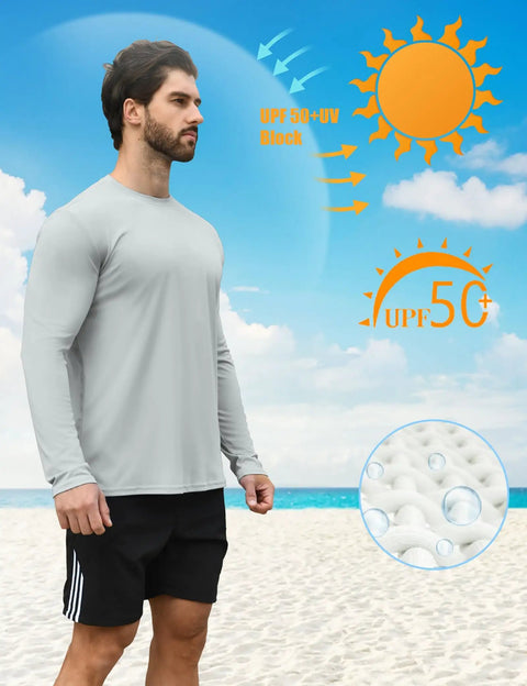Two Pack Men's UPF Fifty Plus Dope Rash Guard Long Sleeve Swim Shirts With Quick Dry Tech For Surfing Swimming And Fishing UV Sun Protection Blue Grey Large, model on beach demonstrating UV block, fabric detail.