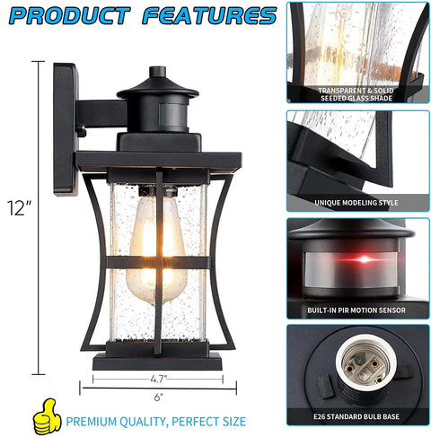 Motion Sensor Outdoor Wall Light With Dusk To Dawn Sensor, Waterproof Black Seeded Glass Porch Lantern For House And Garage, Anti Rust Exterior Lighting, Wall Mount Fixture