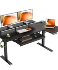 55 Inch L Shaped Electric Standing Desk With Keyboard Tray And Reversible Height Adjustment, Corner Computer Desk With Monitor Stand, Sit Stand Lift Table For Home Office, Carbon Fiber Black featuring dual monitors and laptop setup